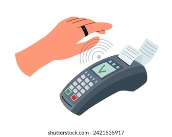 Payment terminal and hand in smart ring. Contactless payment concept. Technology concept.