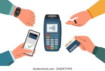 Payment terminal and hands with phone, credit card, smart watch and smart ring. Contactless payment concept. Technology concept.