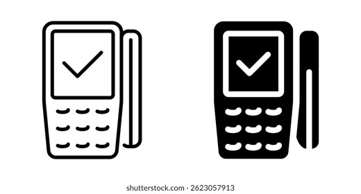 Payment terminal icon with checkmark and card. Linear and silhouette style.