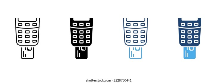 Payment Terminal with Inserted Credit Card Line and Silhouette Icon Set. Bank Service Financial Transaction Pictogram. Inserting Card in POS Symbol on White Background. Isolated Vector Illustration.