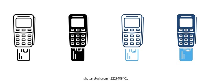 Payment Terminal with Inserted Credit Card Line and Silhouette Icon Set. Bank Service Financial Transaction Pictogram. Inserting Card in POS Symbol on White Background. Isolated Vector Illustration.