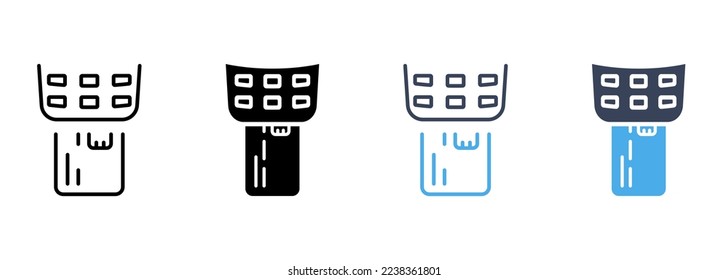 Terminal de pago con línea de tarjeta de crédito insertada y juego de iconos de silueta. Pictograma de transacciones financieras de servicios bancarios. Inserción de la tarjeta en el símbolo POS sobre fondo blanco. Ilustración de vectores aislados.