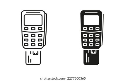 Payment Terminal with Inserted Credit Card Line and Silhouette Icon Set. Bank Service Financial Transaction Pictogram. Inserting Card in POS Symbols on White Background. Isolated Vector Illustration.