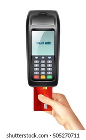 Payment terminal with inserted credit card on white background design concept in realistic style vector illustration