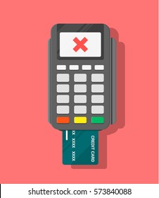 Payment terminal with inserted credit card. Rejected transaction concept. Flat vector cartoon illustration for business, web design.