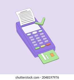 Payment terminal, isometric illustration. POS terminal on purple background with check and credit card. Approved payment. Vector EPS 10.