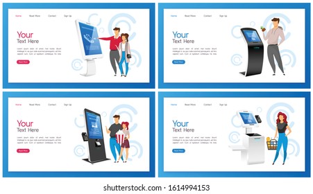 Payment terminal landing page vector template set. Interactive self service kiosk website interface idea with flat illustrations. Freestanding internet construction homepage layout