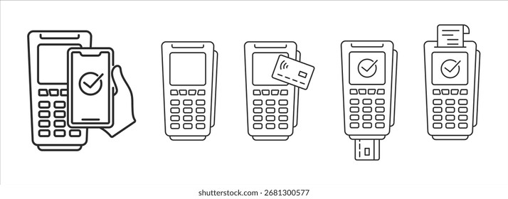 Iconos de línea de terminal de pago. Conjunto de Vectores de trazo editable para la interfaz bancaria y POS.