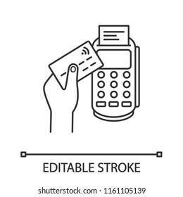 Payment Terminal Linear Icon. POS Terminal. Thin Line Illustration. NFC Payment. Contactless Transaction. E-payment. Contour Symbol. Vector Isolated Outline Drawing. Editable Stroke