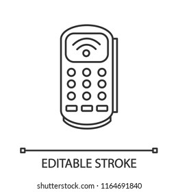 Payment terminal linear icon. POS terminal. Thin line illustration. NFC payment. Contactless transaction. Near field communication. Contour symbol. Vector isolated outline drawing. Editable stroke