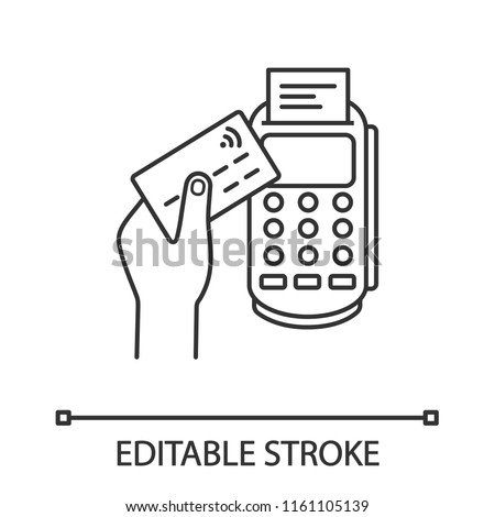 Payment terminal linear icon. POS terminal. Thin line illustration. NFC payment. Contactless transaction. E-payment. Contour symbol. Vector isolated outline drawing. Editable stroke