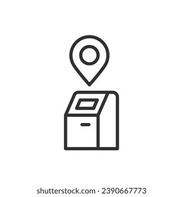 Payment terminal location, linear icon, ATM and map pin. Line with editable stroke