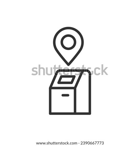 Payment terminal location, linear icon, ATM and map pin. Line with editable stroke