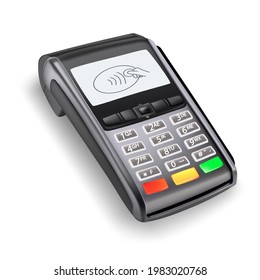 Payment terminal machine for credit card isometric view. Electronic wireless reader for purchases vector illustration. Contactless technology for transactions isolated on white background.