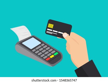 Payment terminal and male hand holding credit card. Pos machine illustration. Flat vector design isolated.