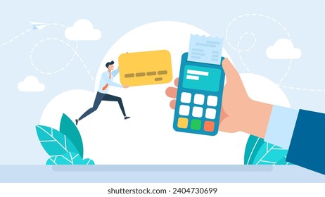 Payment Terminal. Male hand holding POS payment machine icon in flat style. NFC. Pos terminal confirms the payment using a credit cart, Mobile payment, online banking. Vector illustration