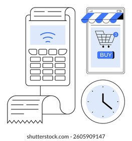 A payment terminal, a mobile phone displaying an online shopping cart, a receipt, and a clock are shown. Ideal for online shopping, digital transactions, payment solutions, retail technology
