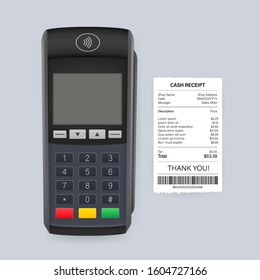 Payment terminal mockup. Pos terminal with blank screen. Cash register. Vector stock illustration.