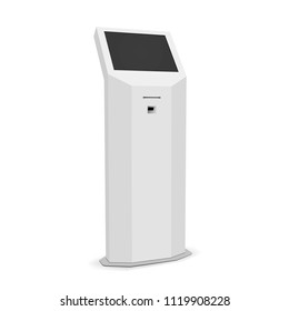 Payment terminal mockup - right side view. Digital kiosk with blank screen isolated on white background. Vector illustration