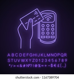 Payment terminal neon light icon. POS terminal. NFC payment. Contactless transaction. Glowing sign with alphabet, numbers and symbols. Near field communication. E-payment. Vector isolated illustration