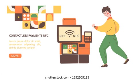 Payment terminal nfc, flat vector landing page template. Safe payment. Man pays for the purchase with mobile hours.