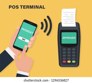 Payment terminal. NFC payments concept. Pos terminal confirms the payment by smartphone. Mobile payments using smartphone, terminal and credit card, near field communication technology, online banking