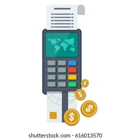 Payment terminal on Internet and pay global mobile banking payment system worldwide. Flat vector cartoon illustration. Objects isolated on a white background. 