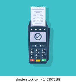 Payment terminal with paper check. NFC POS terminal for payment. Card reader machine. Vector illustration flat design. Isolated on background.