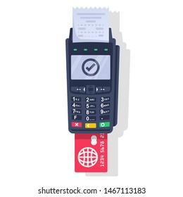 Payment terminal with paper check and plastic bank card. NFC POS terminal for payment. Card reader machine. Vector illustration flat design. Isolated on background.