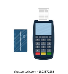 Payment terminal with paper check and plastic bank card. POS terminal for payment. Card reader machine. Isolated on background.