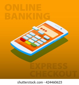 Payment terminal in the phone. Flat 3d isometric vector clipart of concept online shopping and payment with your smartphone