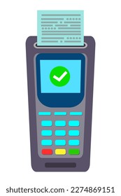 Payment Terminal POS with ATM debit credit card and print receipt. Electronic transaction Machine cashless technology. Contactless payment Transaction by NFC technology. Paying payment safety Secure.