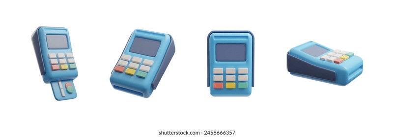 Terminal de pago, terminal POS con tarjeta de crédito bancaria 3D iconos conjunto. Transacción financiera aprobada. Vector de dibujos animados representan ilustraciones de dispositivo de pagos con Botones y pantalla aislada en blanco