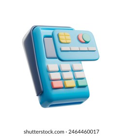 Payment terminal, POS terminal with bank credit card 3D icon. Contactless payment by card, financial transaction. Cartoon vector render illustration of payment device with buttons and display isolated