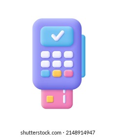 Payment terminal, POS terminal with check and credit card. Approved payment, contactless payment transaction, paying by bank cards and smartphone, 3d vector icon. Cartoon minimal style.