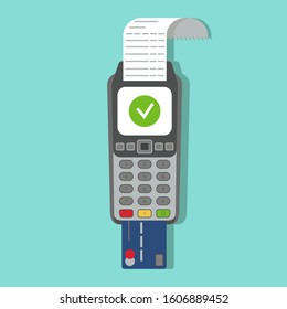 Payment terminal. POS machine with credit card in it and printed reciept. Vector illustration, flat style.