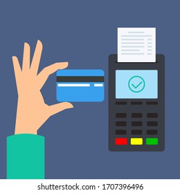 Payment terminal. Pos machine with credit card. Vector illustration. 