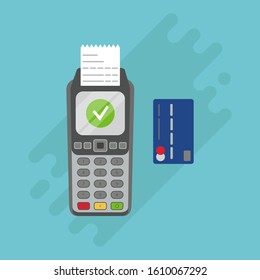 Payment terminal. POS machine with  printed reciept and credit card. Vector illustration, flat style.