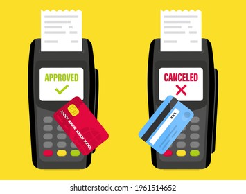 Payment terminal. POS Terminal. NFC payments. Payment by credit card using POS terminal with inserted credit card and print receipt. Payment terminal. Transaction payment canceled or approved