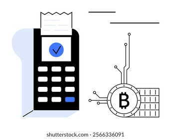 Payment terminal with printed receipt and a bitcoin symbol. Ideal for cryptocurrency, blockchain, fintech, digital payments, and modern transactions. Simple modern style