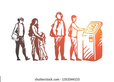 Payment terminal, queue, people, finance, cash concept. Hand drawn queue of people to payment terminal concept sketch. Isolated vector illustration.