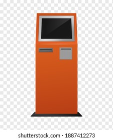 Payment terminal. Realistic Atm orange colored kiosk front view, automated teller for finance service, banking electronic financial equipment, black empty screen mockup 3d vector isolated illustration