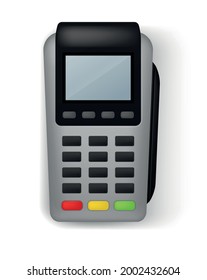 Payment terminal. Realistic banking electronic equipment. wireless gadget to pay for purchases. Financial transaction. Device for money transfer with credit cards. Vector illustration
