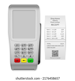 Payment terminal and receipt on a white background.