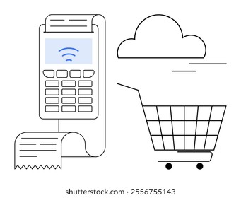 Payment terminal with receipt, shopping cart, and cloud icon in modern minimalist design. Ideal for e-commerce, online shopping, retail technology, digital payments, cloud storage