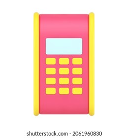 Payment terminal in store 3d icon. Pink device with yellow buttons for paying by bank cards and telephone. Contactless transfer of funds when purchasing goods and services. Realistic isolated vector
