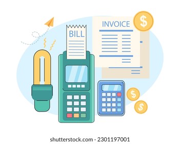 Terminal de pago con ilustración vectorial de la factura de utilidad. Dibujo de caricaturas de facturas, monedas de oro, bombilla de ahorro de energía, factura de consumo de electricidad. Hogar, pago, concepto de electricidad