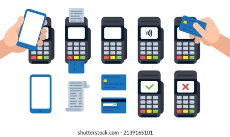 Payment Terminal Vector collection. Credit, Debit card, Receipt, Phone, Hands, POS-terminal in various states on separated layers. Can be animated. Simple flat style. Isolated on white. Template set.