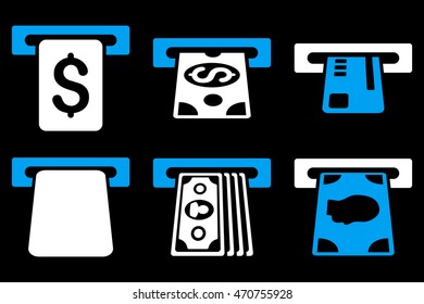 Payment Terminal vector icons. Pictogram style is bicolor blue and white flat icons with rounded angles on a black background.