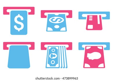 Payment Terminal vector icons. Pictogram style is bicolor pink and blue flat icons with rounded angles on a white background.